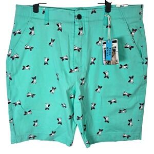 Plugg Men's Teal‎ Frenchie French Bulldog Dog Print Flex Waist Shorts Size 36
